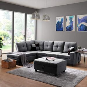 optough l-shape fabric sectional couch for living room,left consort sofa with moveable storage ottoman and two pillows, gray