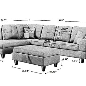 OPTOUGH L-Shape Fabric Sectional Couch for Living Room,Left Consort Sofa with Moveable Storage Ottoman and Two Pillows, Gray
