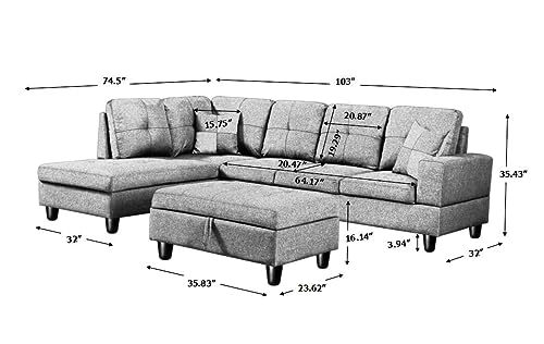 OPTOUGH L-Shape Fabric Sectional Couch for Living Room,Left Consort Sofa with Moveable Storage Ottoman and Two Pillows, Gray