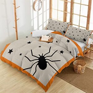 halloween spiders queen duvet covers scary animal black stars 3-piece bedding sets luxury soft microfiber bed comforter protector with pillow cases for women men girl boy retro burlap orange border