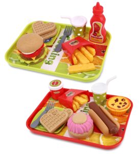 mozlly kitchen food playset - cute fast food playset with trays, plates, fork, soda cup - deluxe fast food toy set for kids for pretend play snack parties, and birthday surprise gift play food set