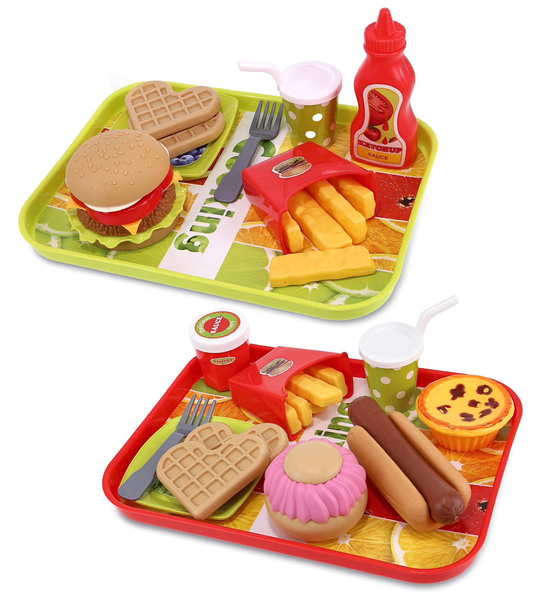 Mozlly Kitchen Food Playset - Cute Fast Food Playset with Trays, Plates, Fork, Soda Cup - Deluxe Fast Food Toy Set for Kids for Pretend Play Snack Parties, and Birthday Surprise Gift Play Food Set