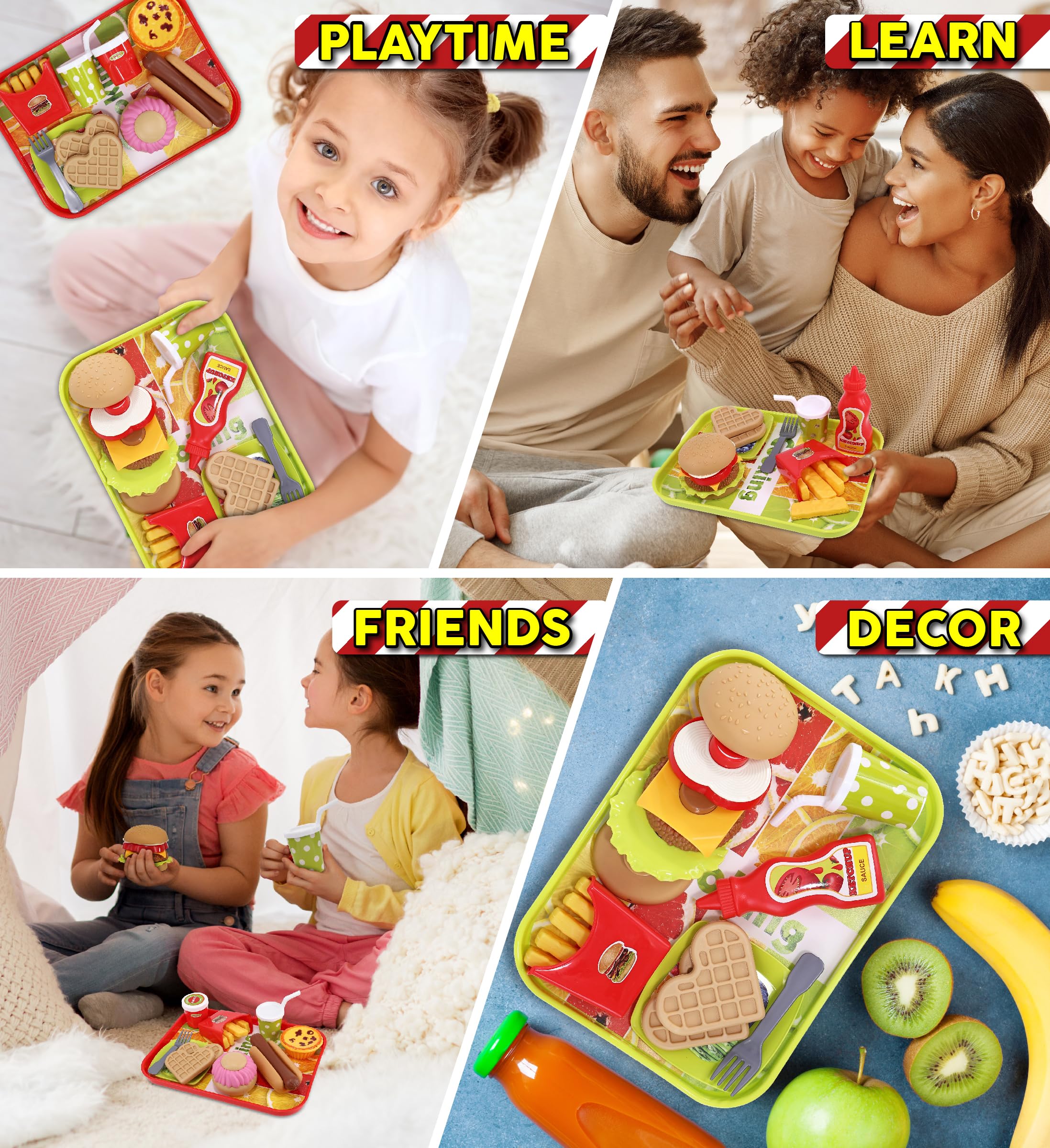 Mozlly Kitchen Food Playset - Cute Fast Food Playset with Trays, Plates, Fork, Soda Cup - Deluxe Fast Food Toy Set for Kids for Pretend Play Snack Parties, and Birthday Surprise Gift Play Food Set