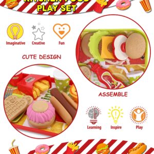 Mozlly Kitchen Food Playset - Cute Fast Food Playset with Trays, Plates, Fork, Soda Cup - Deluxe Fast Food Toy Set for Kids for Pretend Play Snack Parties, and Birthday Surprise Gift Play Food Set