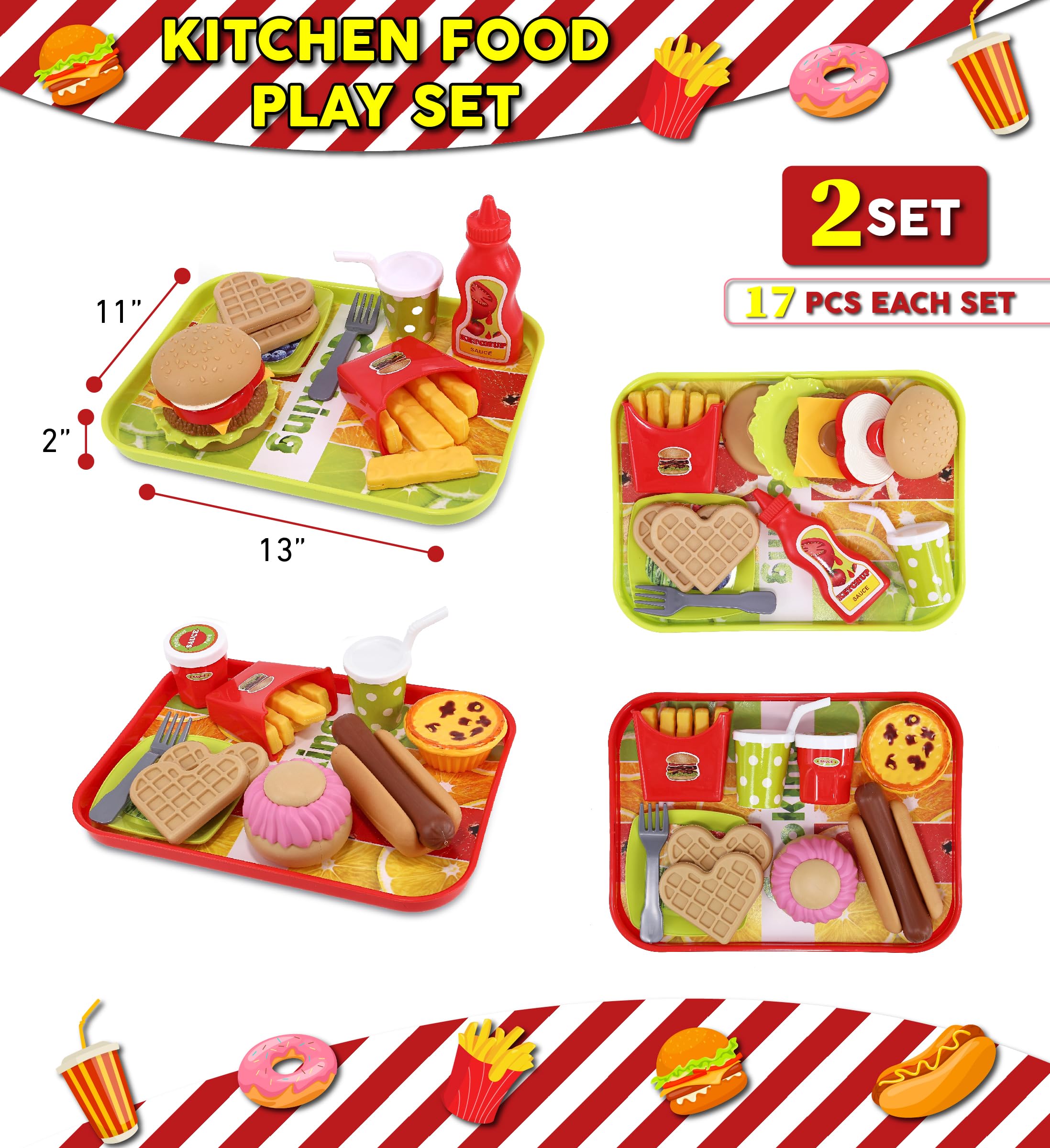 Mozlly Kitchen Food Playset - Cute Fast Food Playset with Trays, Plates, Fork, Soda Cup - Deluxe Fast Food Toy Set for Kids for Pretend Play Snack Parties, and Birthday Surprise Gift Play Food Set