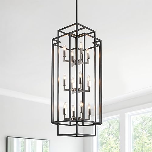 WJShome Silver 12 Lights Pendant Light, Metal Lantern Shape Island Light, Vintage Black Ceiling Light, Industrial Tiered Hanging Light Fixture for Living Room, Kitchen