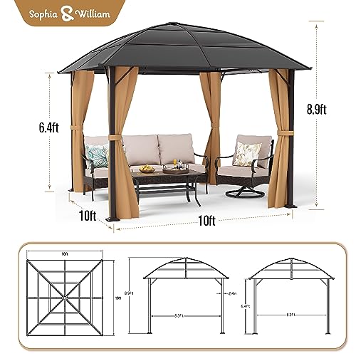 Sophia & William10' x 10' Hardtop Gazebo Galvanized Steel & Aluminum Frame, Curved Roof Outdoor Canopy Tent Shelter with Mosquito Net and Curtains for Patio Yard Garden Party