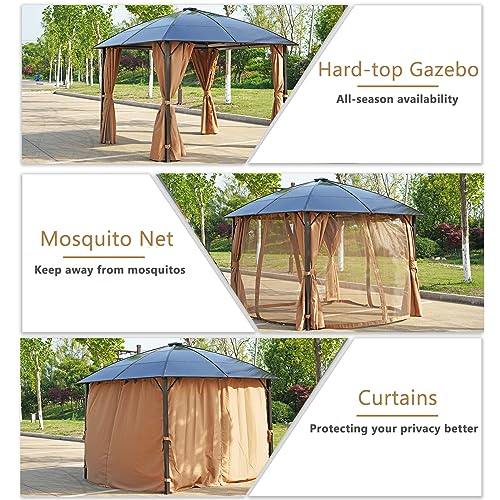 Sophia & William10' x 10' Hardtop Gazebo Galvanized Steel & Aluminum Frame, Curved Roof Outdoor Canopy Tent Shelter with Mosquito Net and Curtains for Patio Yard Garden Party