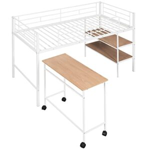 Tdewlye Multifunctional Design Twin Size Metal Loft Bed with Desk and Shelves, for Girls,Boys,Kids,Teens, (White-@66)