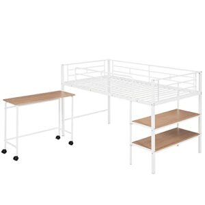 Tdewlye Multifunctional Design Twin Size Metal Loft Bed with Desk and Shelves, for Girls,Boys,Kids,Teens, (White-@66)