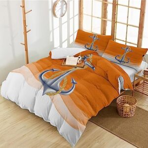nautical chic anchor queen duvet covers orange white wave striped 3-piece bedding sets luxury soft microfiber bed comforter protector with pillow cases for women men girl boy color gradient