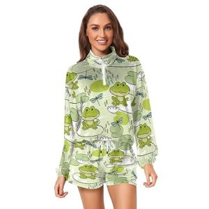 Kigai Cartoon Frogs Dragonflies Jogging Suits for Women Lounge Cozy Long Sleeve Half Zip Lapel Collar Sweatsuit Set,XXL