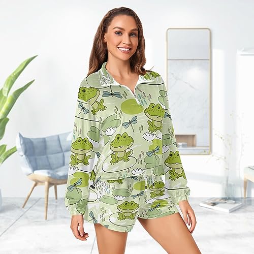 Kigai Cartoon Frogs Dragonflies Jogging Suits for Women Lounge Cozy Long Sleeve Half Zip Lapel Collar Sweatsuit Set,XXL