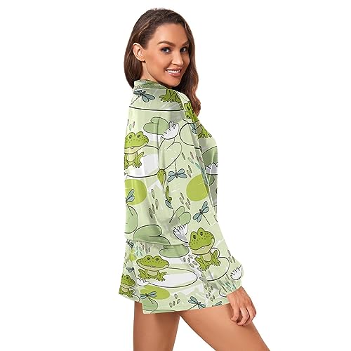 Kigai Cartoon Frogs Dragonflies Jogging Suits for Women Lounge Cozy Long Sleeve Half Zip Lapel Collar Sweatsuit Set,XXL