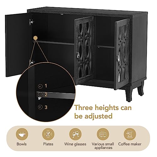 Voohek Glass Mirrored Doors and Adjustable Shelf, Buffet Cabinet with Drop-Shaped Silver Handle for Living, Hallway, Dining Room, Black Sideboard