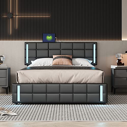 Queen Bed Frame with 4 Storage Drawers,Queen Size Platform Bed with USB Charging and LED Light, Artificial Leather Upholstered Bed with Adjustable Headboard, No Box Spring Needed,Black (Black)