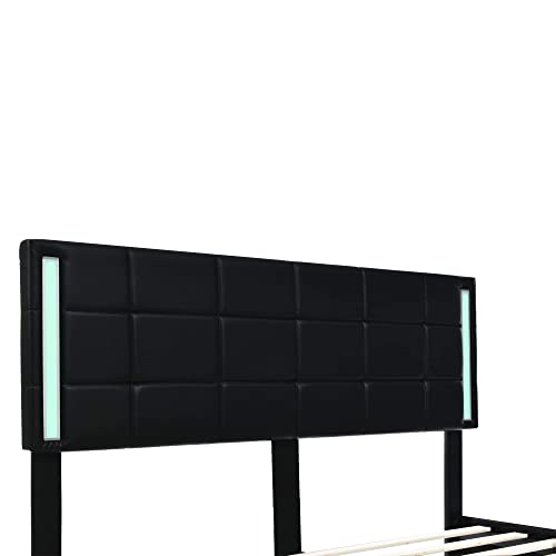 Queen Bed Frame with 4 Storage Drawers,Queen Size Platform Bed with USB Charging and LED Light, Artificial Leather Upholstered Bed with Adjustable Headboard, No Box Spring Needed,Black (Black)