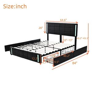 Queen Bed Frame with 4 Storage Drawers,Queen Size Platform Bed with USB Charging and LED Light, Artificial Leather Upholstered Bed with Adjustable Headboard, No Box Spring Needed,Black (Black)