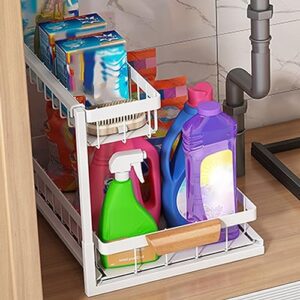 Under Sink Organizers and Storage, 2-Tier Sliding Cabinet Basket Organizer with Hooks, Multi-Purpose Under Sink Organizers and Storage for Bathroom Kitchen White