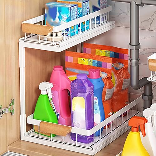 Under Sink Organizers and Storage, 2-Tier Sliding Cabinet Basket Organizer with Hooks, Multi-Purpose Under Sink Organizers and Storage for Bathroom Kitchen White