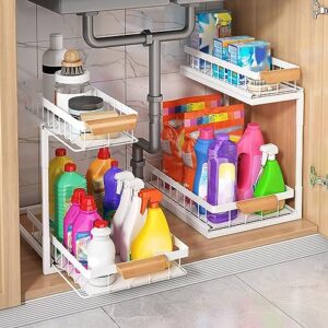 Under Sink Organizers and Storage, 2-Tier Sliding Cabinet Basket Organizer with Hooks, Multi-Purpose Under Sink Organizers and Storage for Bathroom Kitchen White