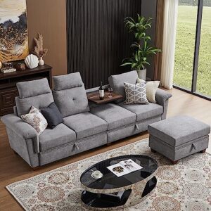 pingliang home convertible sectional sofa with storage, 4 seat l shaped couch with chaise and cup holder, modern microfiber fabric sofas couches for living room, apartment, office (light grey)