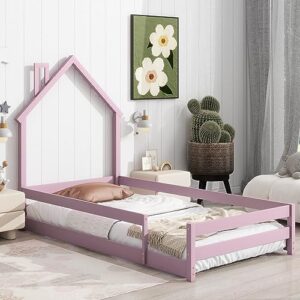 twin size platform bed, wooden platform bed frame with house-shaped headboard, floor bed with fences for kids boys girls bedroom (pink 01)