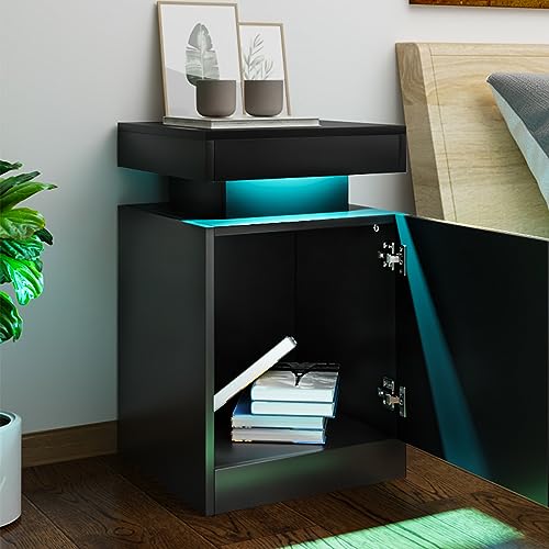 oneinmil Nightstand Set of 2 with LED Lights,Night Stand with Storage Cabinet for Bedroom,Bedside Table with LED, Black