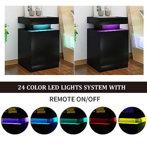 oneinmil Nightstand Set of 2 with LED Lights,Night Stand with Storage Cabinet for Bedroom,Bedside Table with LED, Black