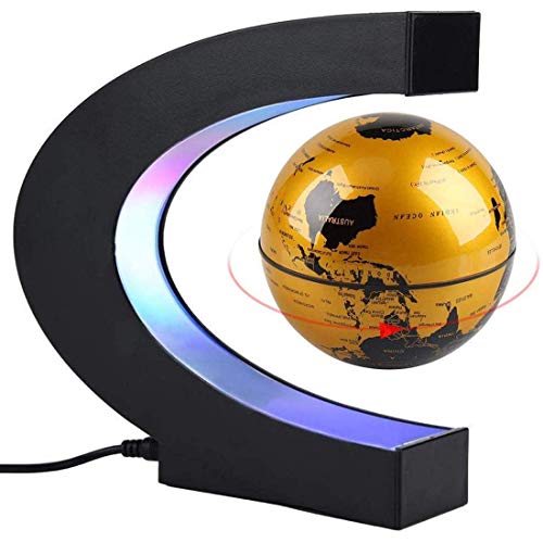 Levitating Globe Magnetic Levitation Floating Globe 4" Rotating Planet Earth Globe Ball with LED Desk Display Stand for Home Office Desk Decoration (Black) (Gold)