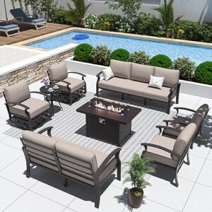 alaulm aluminum patio furniture set with propane fire pit table 9-seat metal outdoor furniture w/fire pit patio sectional w/5.1" cushions for patio, backyard, poolside-sand