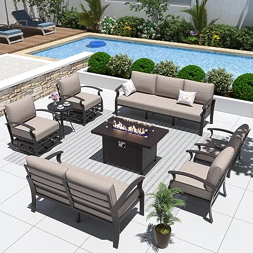 ALAULM Aluminum Patio Furniture Set with Propane Fire Pit Table 9-seat Metal Outdoor Furniture w/Fire Pit Patio Sectional w/5.1" Cushions for Patio, Backyard, Poolside-Sand