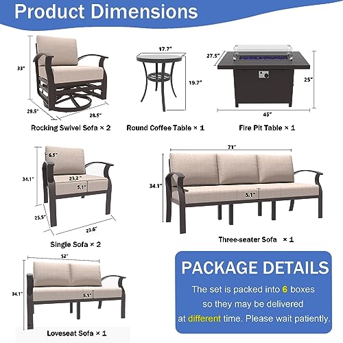 ALAULM Aluminum Patio Furniture Set with Propane Fire Pit Table 9-seat Metal Outdoor Furniture w/Fire Pit Patio Sectional w/5.1" Cushions for Patio, Backyard, Poolside-Sand