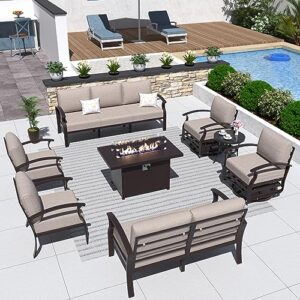 ALAULM Aluminum Patio Furniture Set with Propane Fire Pit Table 9-seat Metal Outdoor Furniture w/Fire Pit Patio Sectional w/5.1" Cushions for Patio, Backyard, Poolside-Sand