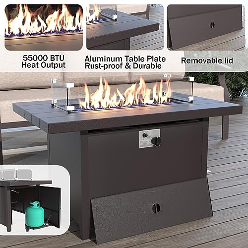 ALAULM Aluminum Patio Furniture Set with Propane Fire Pit Table 9-seat Metal Outdoor Furniture w/Fire Pit Patio Sectional w/5.1" Cushions for Patio, Backyard, Poolside-Sand