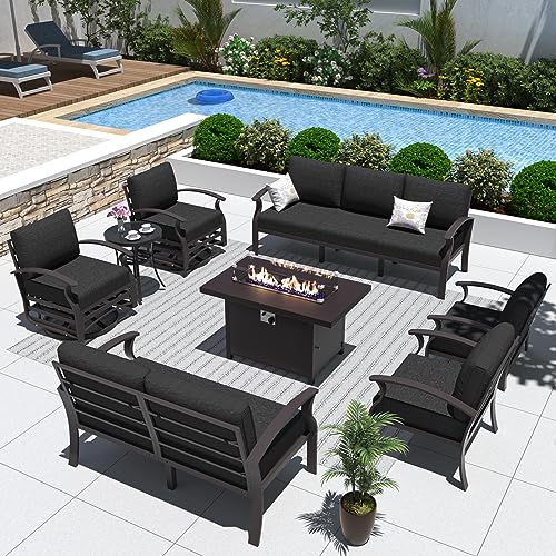 ALAULM Aluminum Patio Furniture Set with Propane Fire Pit Table 9-seat Metal Outdoor Furniture w/Fire Pit Patio Sectional w/5.1" Cushions for Patio, Backyard, Poolside-Black