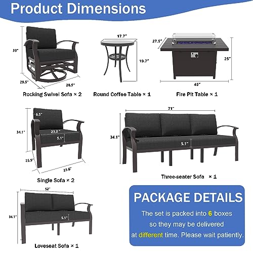 ALAULM Aluminum Patio Furniture Set with Propane Fire Pit Table 9-seat Metal Outdoor Furniture w/Fire Pit Patio Sectional w/5.1" Cushions for Patio, Backyard, Poolside-Black