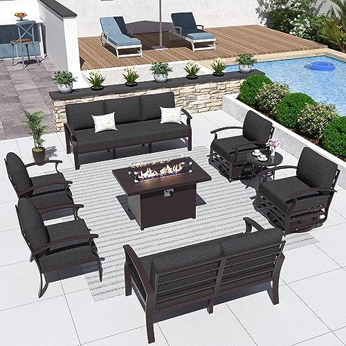 ALAULM Aluminum Patio Furniture Set with Propane Fire Pit Table 9-seat Metal Outdoor Furniture w/Fire Pit Patio Sectional w/5.1" Cushions for Patio, Backyard, Poolside-Black