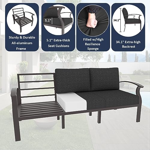 ALAULM Aluminum Patio Furniture Set with Propane Fire Pit Table 9-seat Metal Outdoor Furniture w/Fire Pit Patio Sectional w/5.1" Cushions for Patio, Backyard, Poolside-Black