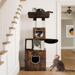 yitahome modern cat tree with litter box enclosure, tall heavy duty cat tower with cat condo,cat house, blanket for indoor large cats, rustic brown