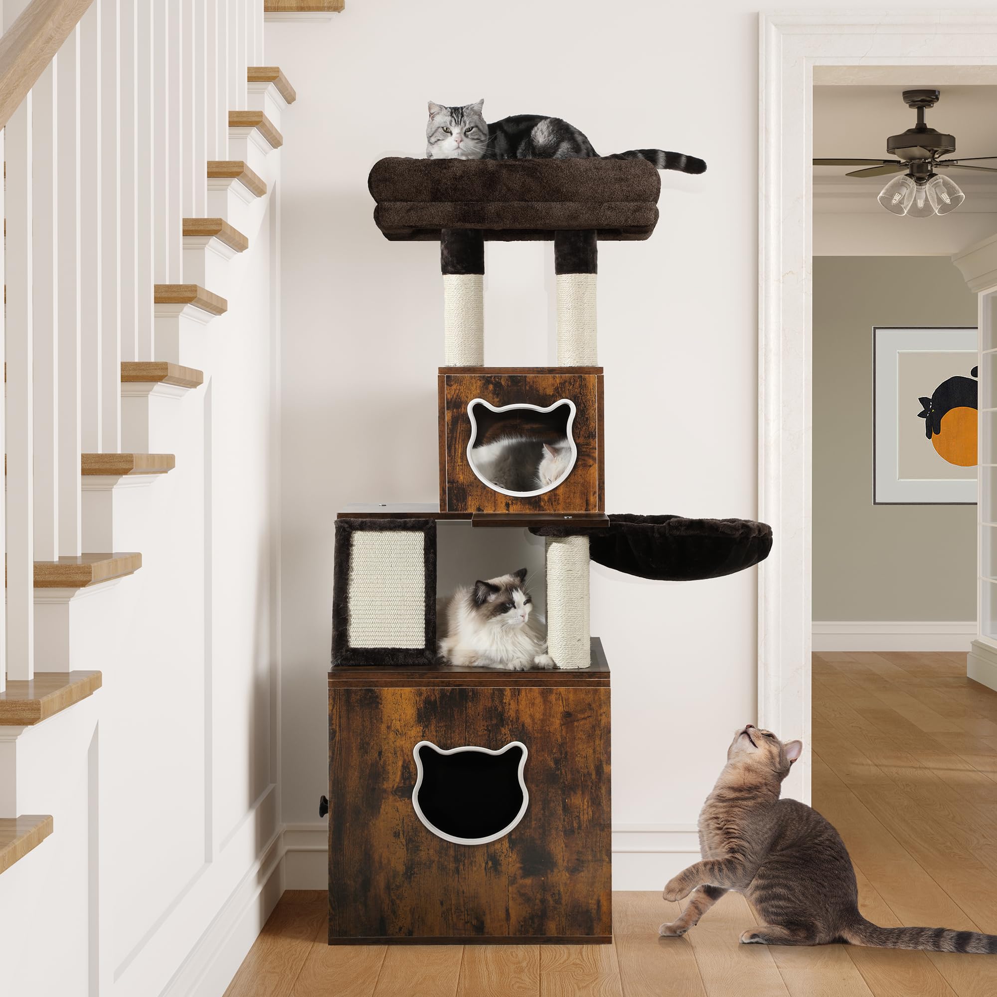 YITAHOME Modern Cat Tree with Litter Box Enclosure, Tall Heavy Duty Cat Tower with Cat Condo,Cat House, Blanket for Indoor Large Cats, Rustic Brown