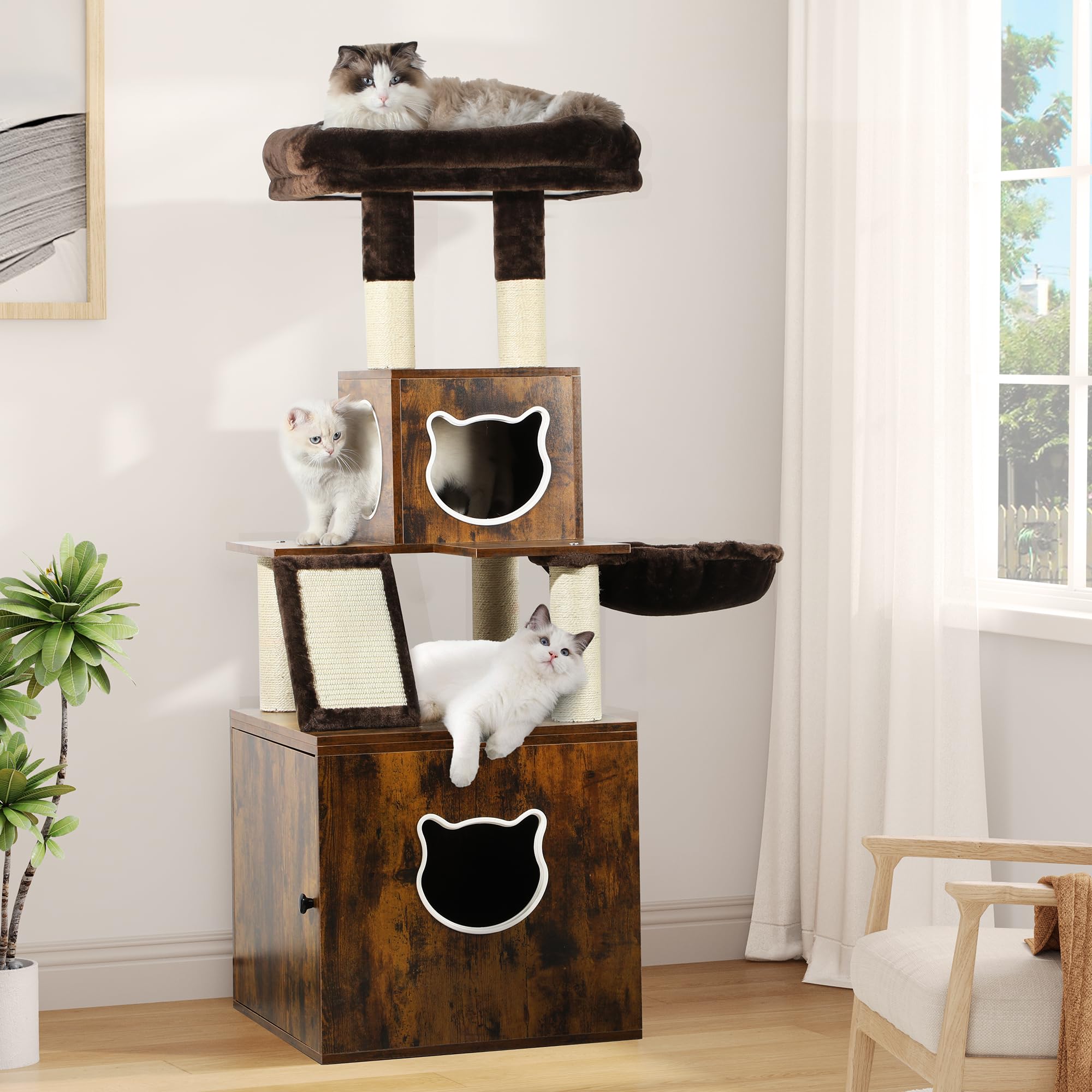 YITAHOME Modern Cat Tree with Litter Box Enclosure, Tall Heavy Duty Cat Tower with Cat Condo,Cat House, Blanket for Indoor Large Cats, Rustic Brown