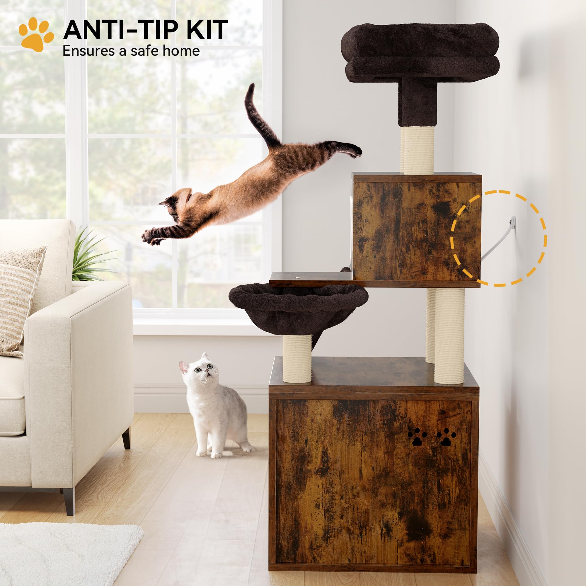 YITAHOME Modern Cat Tree with Litter Box Enclosure, Tall Heavy Duty Cat Tower with Cat Condo,Cat House, Blanket for Indoor Large Cats, Rustic Brown