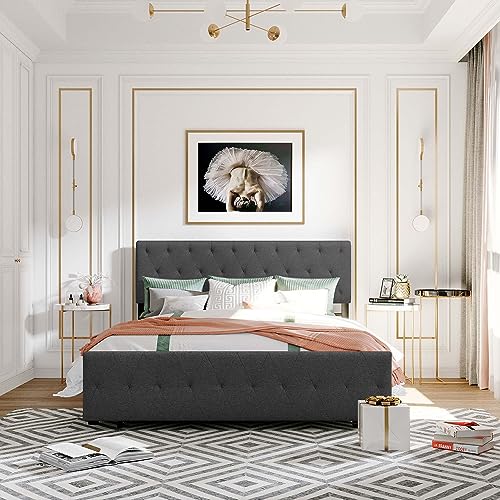 Queen Size Linen Upholstered Platform Bed Frame with a Big Storage Drawer, Modern Fashion Platform Bed with Comfortable Headboard & Metal Slats Support for Bedroom Girls, Easy Assemble (Queen, Gray)