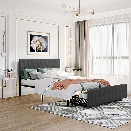 Queen Size Linen Upholstered Platform Bed Frame with a Big Storage Drawer, Modern Fashion Platform Bed with Comfortable Headboard & Metal Slats Support for Bedroom Girls, Easy Assemble (Queen, Gray)