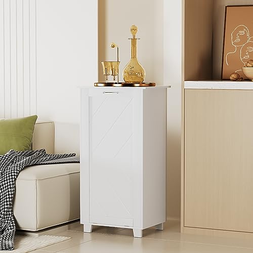 VECELO Tilt Out Kitchen Trash Bin Cabinet, Dog Proof Garbage Can with Wood Holder Free Standing Recycling, White