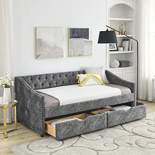 EMKK Twin Size Daybed with Drawers Upholstered Tufted Sofa Bed, with Button on Back and Copper Nail on Waved Shape Arms,Storage Platform Bed for Kids Teens and Adults