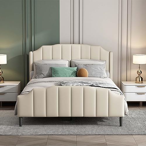 Queen Size Velvet Upholstered Platform Bed Frame with Comfortable Headboard, Modern Elegant Platform Bed with Sturdy Wood Slats Support & Footboard for Bedroom Girls, No Box Spring Needed (Beige)