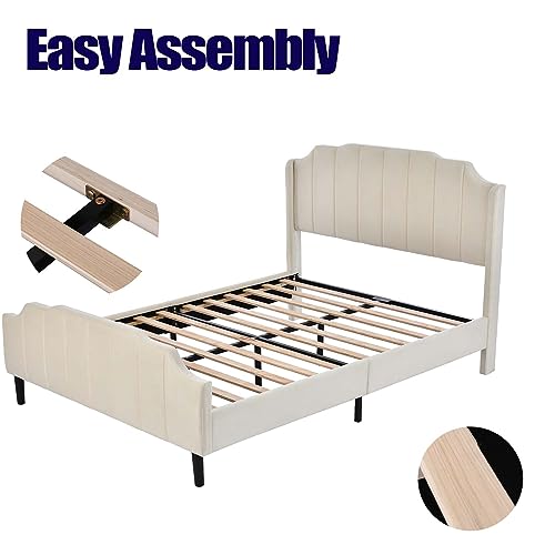 Queen Size Velvet Upholstered Platform Bed Frame with Comfortable Headboard, Modern Elegant Platform Bed with Sturdy Wood Slats Support & Footboard for Bedroom Girls, No Box Spring Needed (Beige)