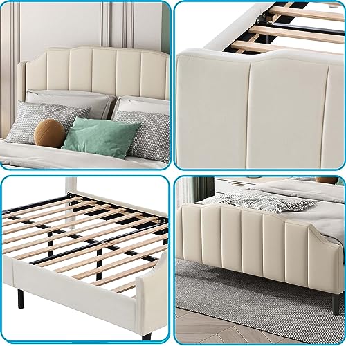 Queen Size Velvet Upholstered Platform Bed Frame with Comfortable Headboard, Modern Elegant Platform Bed with Sturdy Wood Slats Support & Footboard for Bedroom Girls, No Box Spring Needed (Beige)